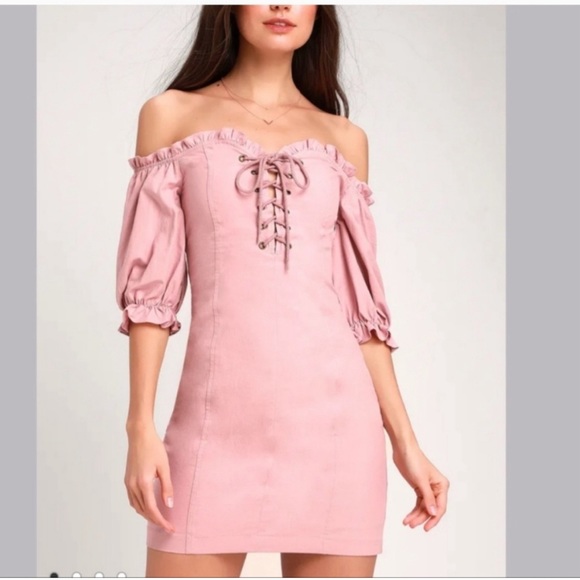 Lulus See Ya Later Off the Shoulder Lace Up Dress Pink size S - Picture 5 of 8